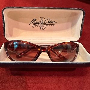 Maui Jim tortoise shell sunglasses with polarized pink rose tinted lenses.